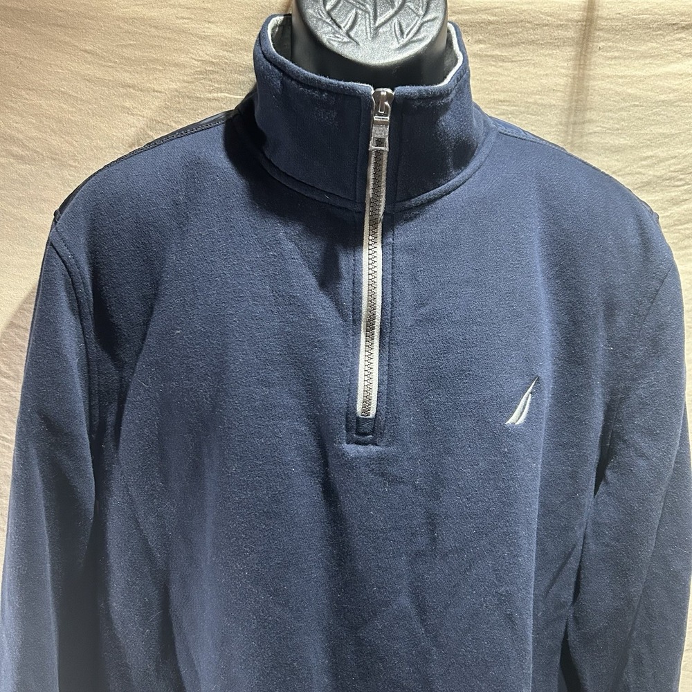 Nautica Mens Quarter Zip Pullover Large Navy Blue Spellout Collar Sweatshirt